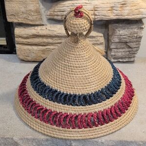 Handcrafted Woven Basket with Red and Blue Accents